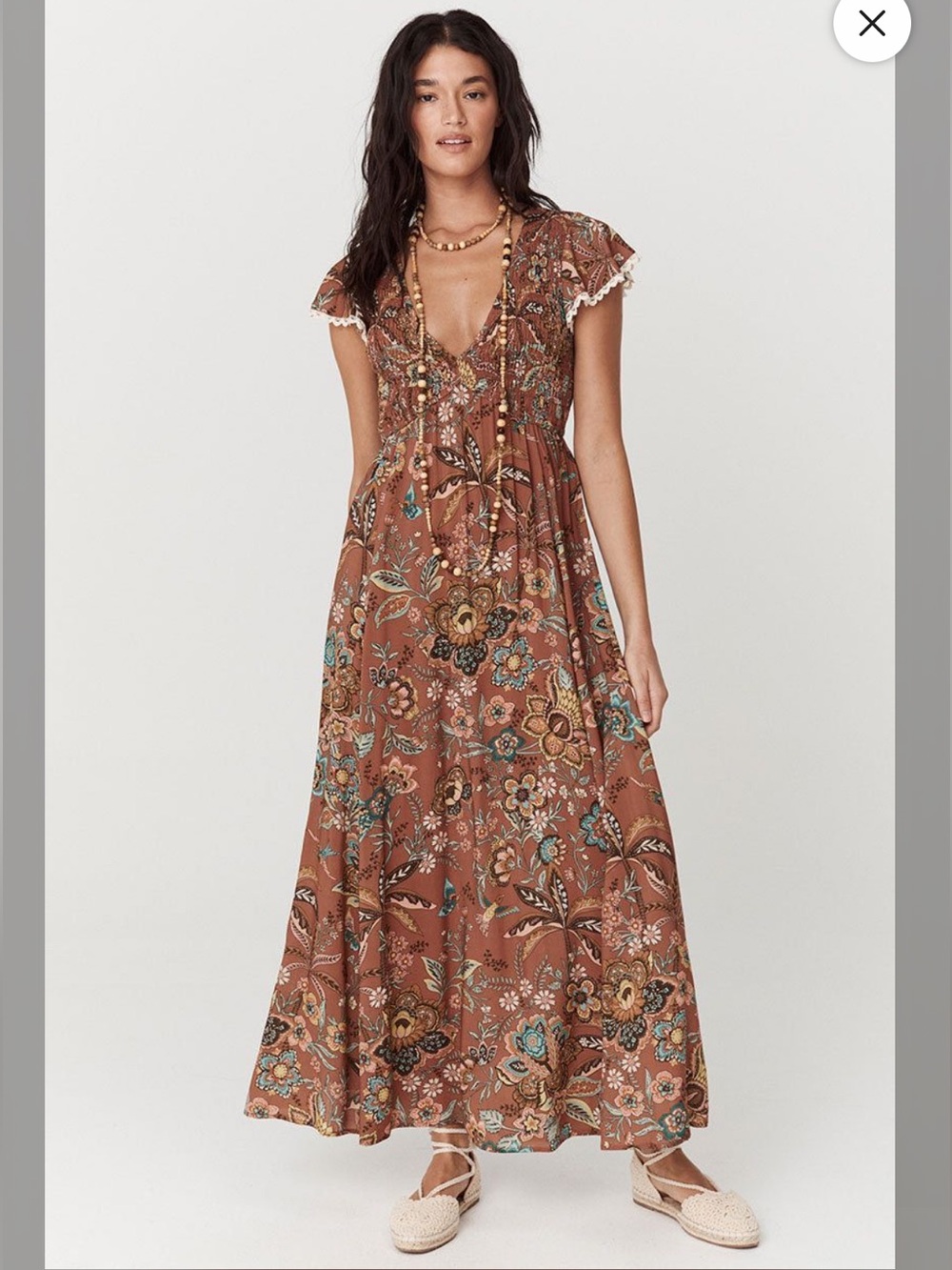 Spell Mojave Lily Shirred Maxi Dress in Amber Size XS Smocked Flutter Sleeve NWT